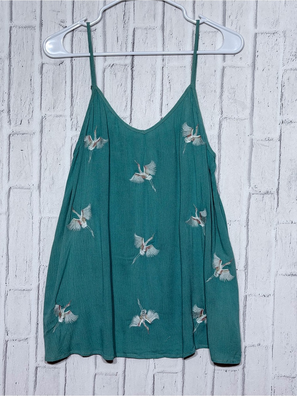 🦢 Aratta Story of Crane Embroidered Swing Cami Top Teal NWOT Medium
